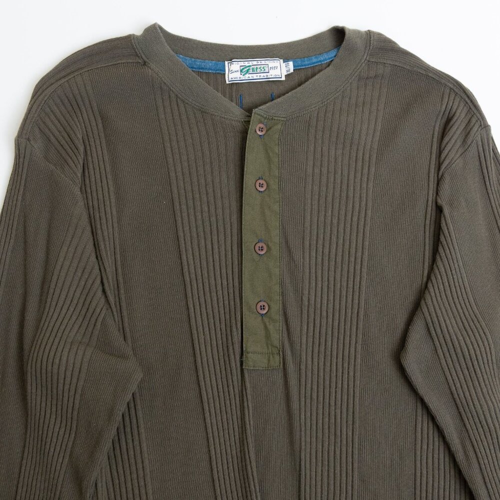 Vintage Guess Thermal Henley XL Army Green Union Made Workwear - Picture 4 of 14